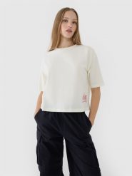 4F T-shirt oversize z nadrukiem damski - biały M. Białe t-shirty damskie 4F, m, bez wzorów, z bawełny, bez kołnierzyka. W wyprzedaży za 39.99 zł.