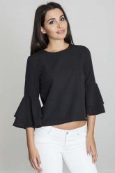 Czarna Krótka Bluzka z Rozkloszowanymi Rękawami. Czarne bluzki damskie Figl, l, bez wzorów, z materiału, bez kołnierzyka, bez ramiączek. Za 189.00 zł.