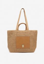 Ciemnobeżowa Pleciona Torebka Shopper z Metaliczną Ozdobą Feleriona. Brązowe shopper bag Born2be, z aplikacjami, z jeansu, bez dodatków. Za 89.99 zł.