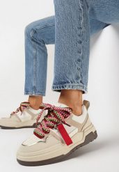 Ciemnobeżowe Sneakersy na Grubej Podeszwie z Ekoskóry ze Sznurowaniem Rositi. Brązowe obuwie sportowe damskie Born2be, bez zapięcia. Za 99.99 zł.