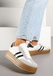 Biało-Czarne Sneakersy Tenisówki z Ozdobnymi Paskami Mirnelis. Białe obuwie sportowe damskie Born2be, z jeansu, bez zapięcia, tenisowe. Za 89.99 zł.