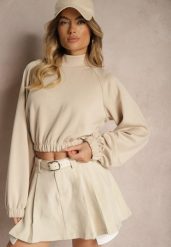 Beżowa Krótka Bluza ze Stójką Benola. Brązowe bluzy damskie Renee, l, bez wzorów, z jeansu, bez kaptura. Za 99.99 zł.