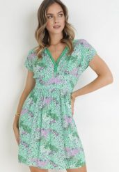 Zielona Sukienka Mini z Gumką w Pasie i Koronkowymi Wstawkami z Wiskozy Wandatti. Zielone sukienki damskie Born2be, bez wzorów, z koronki, bez ramiączek. Za 109.99 zł.
