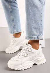 Białe Sneakersy na Masywnej Podeszwie z Siateczkowym Wstawkami i Ozdobnymi Sznurówkami Ollavia. Białe obuwie sportowe damskie Renee, bez zapięcia. Za 89.99 zł.
