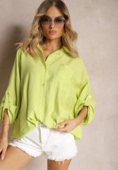 Jasnozielona Wiskozowa Koszula z Guzikami i Rękawem Długości 3/4 Herale. Zielone koszule damskie Renee, plus size, bez wzorów, z materiału, bez kołnierzyka, plus size, bez ramiączek. Za 99.99 zł.