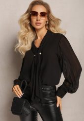 Czarna Bluzka z Wiązaniem wokół Szyi i Plisowanym Rękawem Henokia. Czarne bluzki damskie Renee, bez wzorów, eleganckie, bez kołnierzyka, bez ramiączek. Za 89.99 zł.