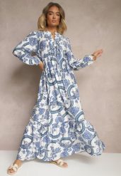 Niebieska Rozkloszowana Sukienka z Wiskozą Wiązana przy Dekolcie w Roślinny Print Koriselle. Niebieskie sukienki damskie Renee, bez wzorów, z wiskozy, eleganckie, bez ramiączek. W wyprzedaży za 119.99 zł.
