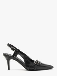 Czółenka slingback z dekoracyjnymi paskami OFELIA. Czarne czółenka damskie Ryłko, bez wzorów, z gumy, bez obcasa, na szpilce. Za 429.99 zł.