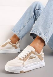 Ciemnobeżowe Sneakersy na Płaskiej Podeszwie ze Sznurowaniem i Przeszyciami Liskia. Brązowe obuwie sportowe damskie Born2be, bez zapięcia. Za 84.99 zł.