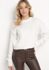 Jasnobeżowy Sweter o Pudełkowym Kroju z Prążkowanym Tłoczeniem Omelis. Brązowe swetry klasyczne damskie Born2be, m, z jeansu, bez kołnierzyka. Za 99.99 zł.