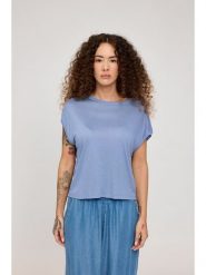 MAZINE Koszulka "Cropped" w kolorze błękitnym rozmiar: M. Niebieskie bluzki damskie MAZINE, m, bez wzorów, z wiskozy, klasyczne, bez kołnierzyka, bez ramiączek. Za 88.02 zł.