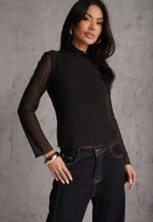 Czarna Siateczkowa Bluzka Longsleeve z Golfem o Dopasowanym Kroju Yenlea. Czarne golfy damskie Renee, l, bez wzorów, z materiału, bez ramiączek. Za 79.99 zł.