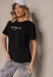Czarna Bawełniana Bluzka T-shirt Oversize z Aplikacją w Kształcie Motyli Elmaris. Czarne bluzki damskie Renee, m, z aplikacjami, z bawełny, bez kołnierzyka. Za 29.99 zł.