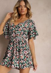 Czarno-Zielony Kombinezon z Dekoltem w Serek z Gumką w Talii i Materiałowym Paskiem Tessanda. Czarne sukienki damskie Renee, bez wzorów, z materiału, eleganckie, bez ramiączek. W wyprzedaży za 39.99 zł.