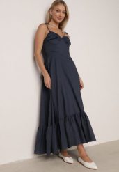Granatowa Bawełniana Sukienka o Rozkloszowanym Kroju na Wiązanych Ramiączkach Milalisa. Niebieskie sukienki damskie Born2be, bez wzorów, z bawełny, klasyczne, bez ramiączek. Za 169.99 zł.