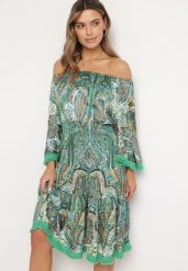 Zielona Sukienka Hiszpanka Ozdobiona Frędzlami o Rozkloszowanym Fasonie w Print Paisley Allnight. Zielone sukienki damskie Born2be, bez wzorów, eleganckie, bez ramiączek. Za 99.99 zł.
