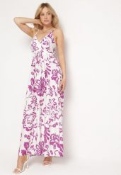 Fioletowo-Biała Sukienka na Regulowanych Ramiączkach z Gumkami na Plecach Ściągana Troczkiem Harnela. Fioletowe sukienki damskie Born2be, bez wzorów, eleganckie, bez ramiączek. Za 69.99 zł.