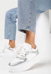 Biało-Srebrne Sneakersy na Grubej Podeszwie z Licznymi Wstawkami na Cholewce Lairemea. Białe obuwie sportowe damskie Born2be, bez zapięcia. Za 54.99 zł.