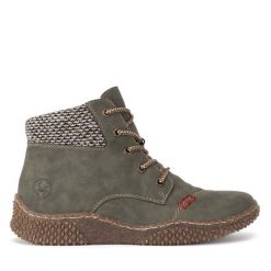 Botki Rieker. Zielone botki damskie Rieker, bez obcasa, na płaskiej podeszwie, bez zapięcia. Za 271.99 zł.
