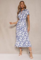 Niebieska Sukienka z Wiskozą o Koszulowym Kroju z Geometrycznym Wzorem Saravione. Niebieskie sukienki damskie Renee, bez wzorów, z wiskozy, eleganckie, bez ramiączek. W wyprzedaży za 143.99 zł.