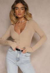 Beżowy Kardigan z Wiskozą na Guziki z Prążkowanego Materiału Koriane. Brązowe kardigany damskie Renee, m, bez wzorów, z jeansu. Za 69.99 zł.
