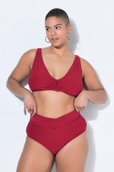 Damskie Figi bikini wysoki stan paski frotte pasek w kopertowym stylu. Czerwone figi Ulla Popken, bez wzorów, z elastanu. Za 100.99 zł.