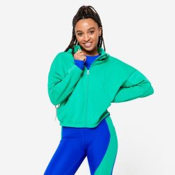 Bluza z kapturem damska Domyos fitness. Zielone bluzy damskie DOMYOS, s, bez wzorów, z bawełny, z kapturem. Za 129.99 zł.