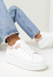 Biało-Różowe Sneakersy na Grubej Podeszwie z Naszywką Chonris. Białe obuwie sportowe damskie Born2be, bez zapięcia. Za 74.99 zł.