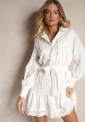 Biała Sukienka Koszulowa z Wiskozy z Bawełną Ozdobiona Paskiem i Koronką Korresil. Białe sukienki damskie Renee, z aplikacjami, z bawełny, eleganckie, bez ramiączek. W wyprzedaży za 111.99 zł.
