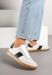 Biało-Czarne Sneakersy Retro w Stylu Klasycznych Tenisówek Tanonea. Białe obuwie sportowe damskie Born2be, z jeansu, bez zapięcia, tenisowe. Za 79.99 zł.