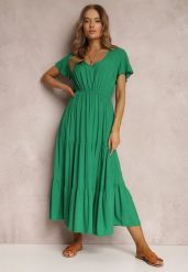 Zielona Sukienka z Wiskozy Jonmy. Zielone sukienki damskie Renee, z aplikacjami, z wiskozy, eleganckie, bez ramiączek. W wyprzedaży za 47.99 zł.