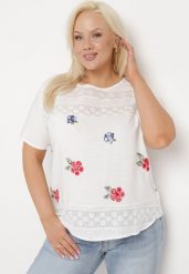 Biały T-shirt Bluzka z Krótkim Rękawem z Ozdobnym HaftemTesagia. Białe bluzki damskie Born2be, xl, bez wzorów, bez kołnierzyka. Za 44.99 zł.