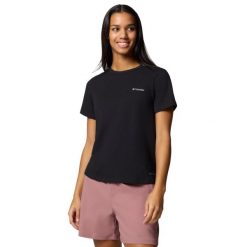 T-shirt sportowy z krótkim rękawem damski Sun Trek W SS II Tee. Czarne koszulki sportowe damskie Columbia, l, bez wzorów, z bawełny, bez ramiączek. Za 99.99 zł.