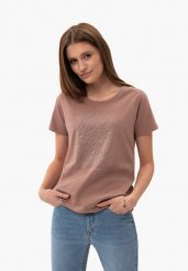 Koszulka z dżetami T-PRESTO. Brązowe koszulki damskie Volcano, m, bez wzorów, z bawełny, bez kołnierzyka, bez ramiączek. Za 59.99 zł.