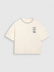 4F T-shirt oversize z nadrukiem damski - biały XL. Białe koszulki sportowe damskie 4F, uniwersalny, bez wzorów, z bawełny, bez ramiączek. W wyprzedaży za 49.99 zł.