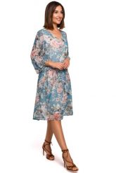 Miętowa Kobieca Sukienka w Kwiaty z Obniżoną Talią. Zielone sukienki damskie MOE, bez wzorów, z materiału, wizytowe, bez ramiączek. Za 293.90 zł.