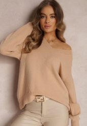 Jasnobeżowy Sweter z Wiskozy Oversize Conime. Brązowe swetry klasyczne damskie Renee, uniwersalny, z jeansu, bez kołnierzyka. Za 129.99 zł.