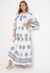 Biała Sukienka z Wiskozą w Stylu Boho z Wiązaniem i Haftem Alinaria. Białe sukienki damskie Born2be, bez wzorów, z wiskozy, boho, bez ramiączek. Za 219.99 zł.