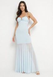 Niebieska Sukienka na Ramiączkach z Wiskozą Zdobiona Aplikacją i Siateczką Savaleira. Niebieskie sukienki damskie Born2be, z aplikacjami, z jeansu, eleganckie, bez ramiączek. W wyprzedaży za 101.99 zł.