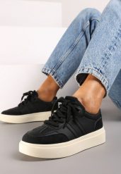 Czarne Sneakersy na Grubej Podeszwie z Paskami i Sznurowaniem Tiariel. Czarne obuwie sportowe damskie Born2be, bez zapięcia. Za 89.99 zł.