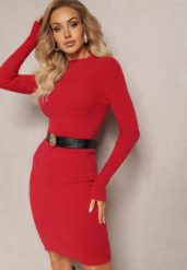 Czerwona Wełniana Sukienka Midi Prążkowana z Półgolfem Sebhatta. Czerwone sukienki damskie Renee, bez wzorów, prążkowane, bez ramiączek. Za 69.99 zł.