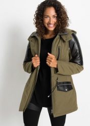 Kurtka parka z wstawkami ze sztucznej skóry. Zielone parki damskie bonprix, z materiału, z kapturem. Za 359.99 zł.