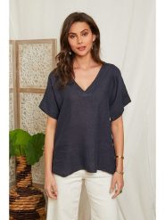 Lin Passion Lniana bluzka w kolorze granatowym rozmiar: 36/38. Niebieskie bluzki damskie Lin Passion, bez wzorów, ze lnu, klasyczne, bez kołnierzyka, bez ramiączek. Za 113.99 zł.