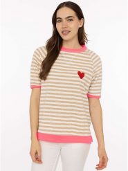Zwillingsherz Koszulka "Stripes & Heart" w kolorze beżowym rozmiar: onesize. Brązowe bluzki damskie Zwillingsherz, bez wzorów, bez kołnierzyka, bez ramiączek. Za 149.66 zł.