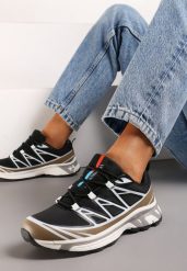 Czarno-Brązowe Sneakersy przed Kostkę Ściągane Gumką z Ozdobnymi Wstawkami na Cholewce Axliara. Czarne obuwie sportowe damskie Born2be, z materiału, przed kostkę, bez zapięcia. Za 99.99 zł.