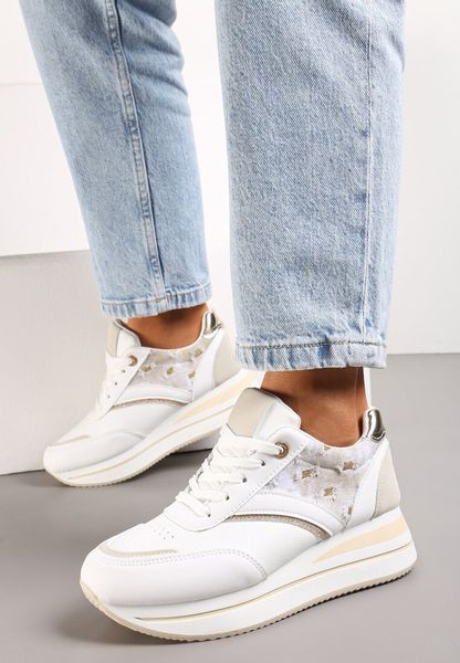 Biało-Beżowe Sznurowane Sneakersy z Ekoskóry z Błyszczącymi Wstawkami Fiviara. Białe obuwie sportowe damskie Renee, bez zapięcia. Za 99.99 zł.