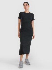 4F Sukienka midi z prążkowanej dzianiny damska - czarna M. Czarne sukienki damskie 4F, bez wzorów, z bawełny, eleganckie, bez ramiączek. Za 99.99 zł.