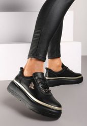 Czarne Sneakersy ze Skóry Naturalnej na Platformie Ozdobione Metaliczną Aplikacją Nerinae. Czarne obuwie sportowe damskie Renee, z jeansu, bez zapięcia. Za 209.99 zł.