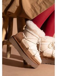 Gooce Skórzane botki zimowe "Warm" w kolorze jasnobrązowo-białym rozmiar: 37. Białe botki damskie Gooce, na zimę, z materiału, bez obcasa, na platformie, bez zapięcia. Za 252.34 zł.