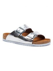 Comfortfusse Skórzane klapki w kolorze srebrnym rozmiar: 40. Szare klapki damskie Comfortfüße, bez wzorów, z otwartym noskiem, bez obcasa, bez zapięcia. Za 254.95 zł.